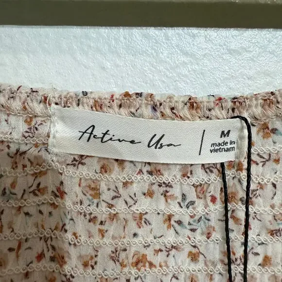 Active USA Floral Ruched Cropped Blouse Long Sleeve Square Neck Sz M NWT - Picture 5 of 13